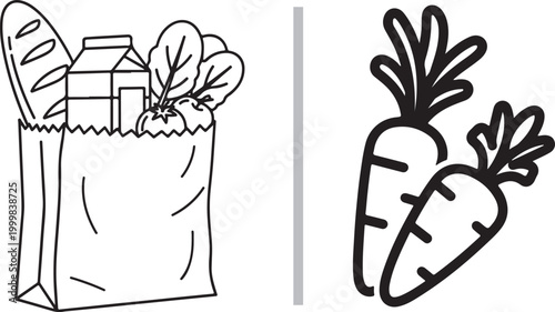 Paper grocery bag filled with food and fresh carrots vector line art illustration isolated on white background