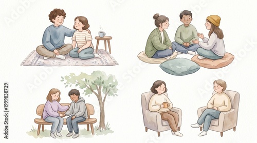 Friends and individuals give comfort and listen to others during personal and group conversations