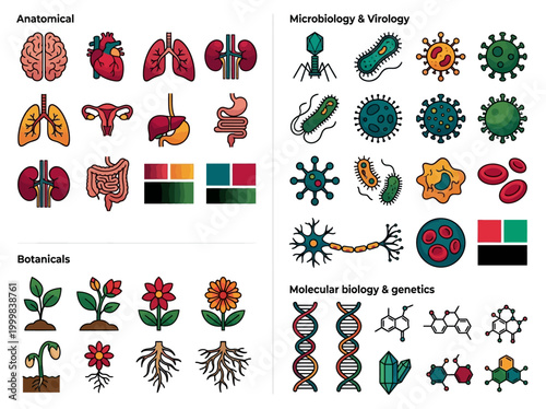Comprehensive Biology and Science Icon Set with Anatomy, Microbiology, Genetics, and Botany Vectors