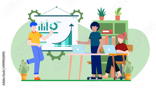 Flat design illustration of business professionals having a debate and discussing market trends in front of a data dashboard