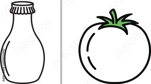 Minimalist flat vector illustration of a ketchup bottle and fresh tomato isolated on white background