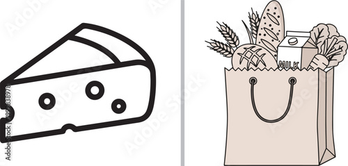 Minimalist vector illustration of a cheese wedge and a paper grocery bag filled with bread and milk isolated on white background