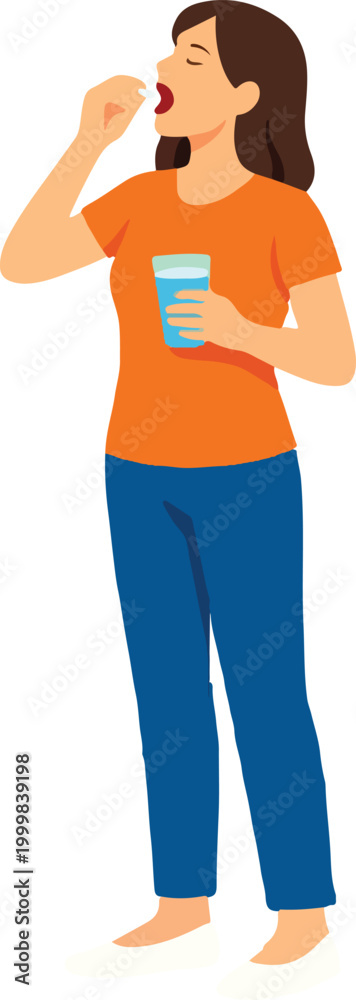 Fototapeta premium Woman Drinking Medicine for Healthcare Medical Wellness and Recovery Flat Vector Illustration