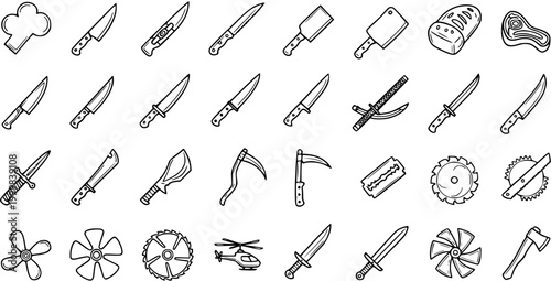 Black  White Line Art Doodle Icons Collection: Knives, Blades, Cleavers, Saws, and Various Cutting Tools for Kitchen, Safety, Danger, and Industrial Themes
