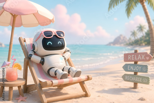 Robot's Beachside Bliss: A cute robot lounges in a deckchair at the beach, sipping a tropical beverage. It embodies a blend of technology and relaxation under a beach umbrella, amidst the sun, sand.