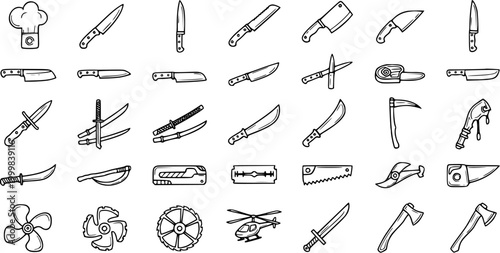 Black and White Line Art Icons of Knives, Tools, and Weapons