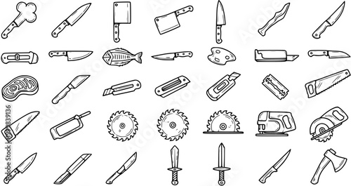 Black and White Hand Drawn Doodle Line Art Icons of Blades and Cutting Tools for Kitchen, Woodworking, and General Use