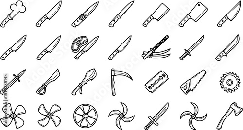 Black and White Line Art Icons of Various Cutting Tools and Blades