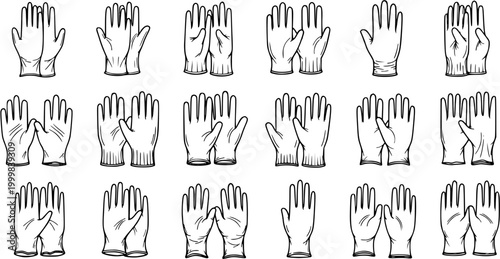 Black and White Line Art Illustrations of Medical Gloves in Various Positions