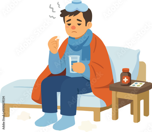 Sick Person Taking Medicine for Healthcare and Medical Wellness Flat Vector Illustration