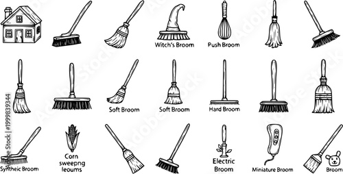 Household Cleaning Brooms Line Art Collection. Hand-Drawn Black  White Sweeping Tools for Domestic Chores, Home, and Witch's Broom Illustration.