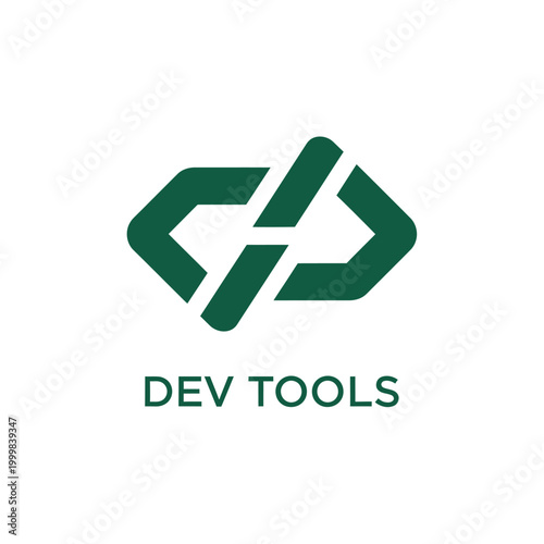 Dark green geometric code brackets symbol for software development tools company.