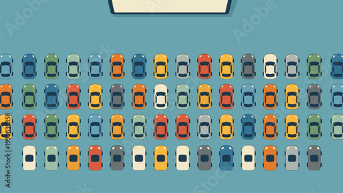 An aerial view of numerous small, colorful, cartoon-style cars neatly parked in rows on a blue surface, with a white rectangular sign at the top.