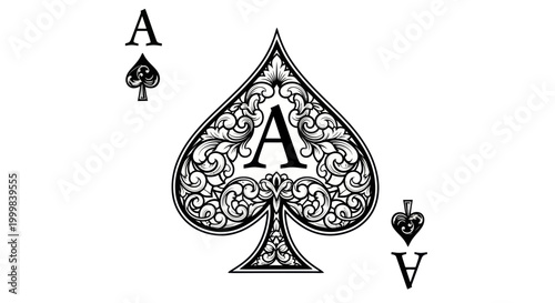 Ace of Spades playing card with ornate details, vintage style, black and white