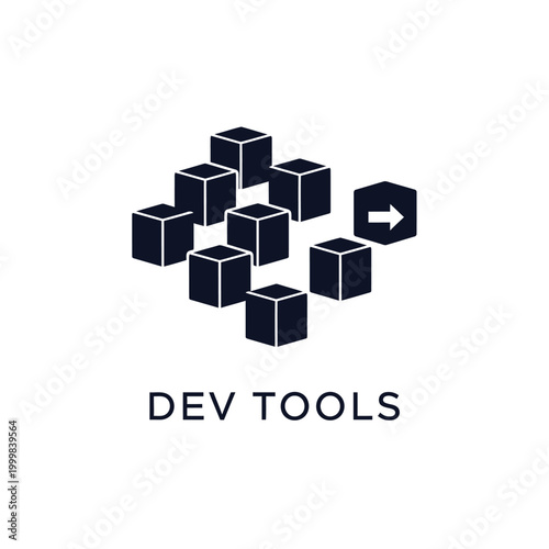 dev tools logo vector with scattered cubes and arrow illustration, development concept.