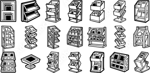 Black and White Line Art of Various Display Stands for Brochures, Books, and Products