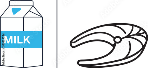 Milk carton and fresh salmon steak vector illustration icons isolated on white background