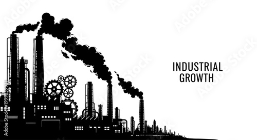 Black and white silhouette illustration of an industrial factory with smoke.