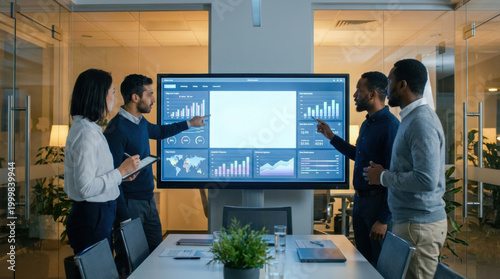 Business meeting presentation data office teamwork collaboration diverse team discussion corporate analytics dashboard strategic planning modern conference room digital screen professional