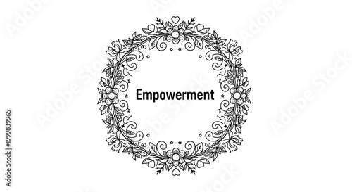 Empowerment word inside a decorative floral circular frame illustration.