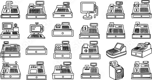 Black and White Line Art Collection of Various Cash Registers and POS Systems