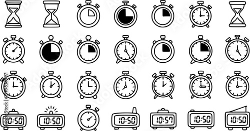 Black and White Line Art Icons of Clocks, Stopwatch, Hourglass and Digital Timer for Time Management