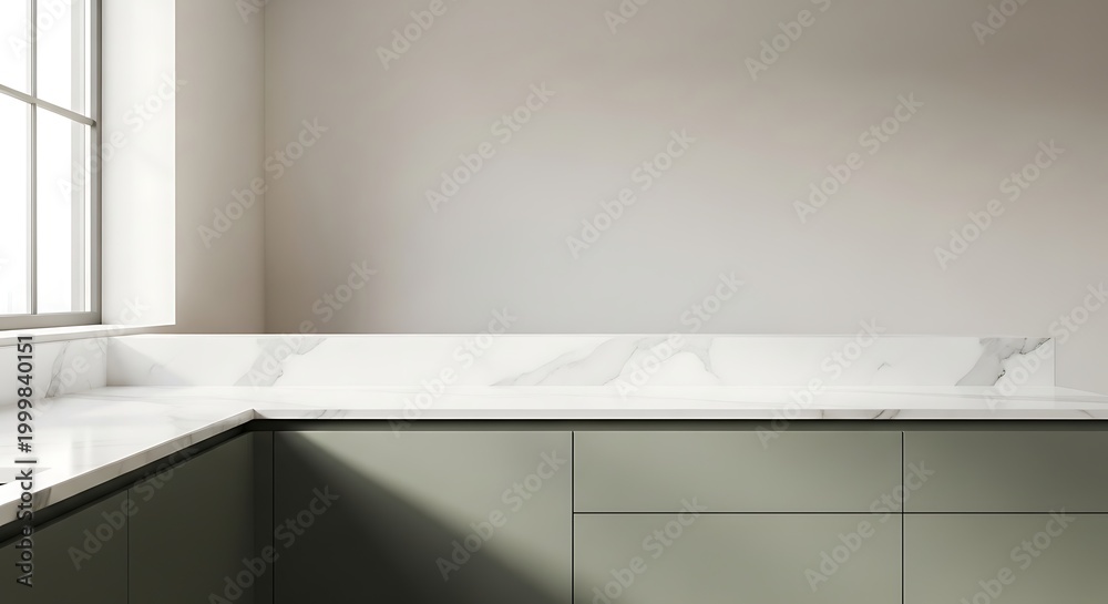Fototapeta premium Modern kitchen interior with marble countertop and window light.
