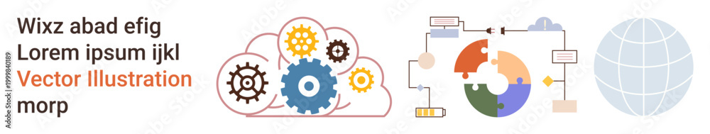 Obraz premium Data integration, cloud computing, global connections, teamwork, automation, process networking. Gears inside a cloud, chart diagram connected globe. Data integration and cloud computing concept
