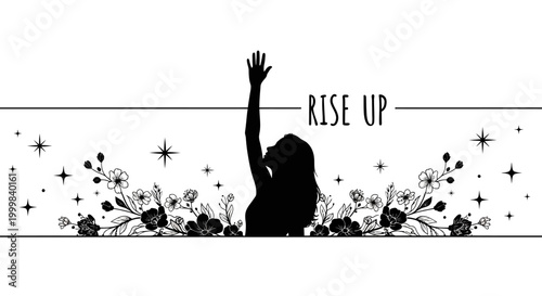 Silhouette of a woman reaching upward with floral elements and stars.