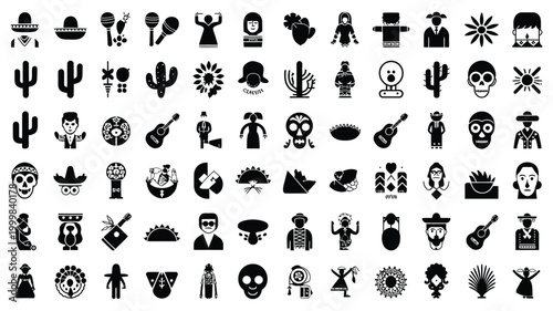 Collection of mexican cultural icons and symbols in a clean grid layout featuring sombreros guitars cacti skulls and traditional figures for festive celebrations and heritage