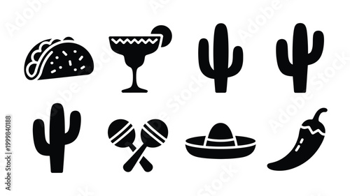 Collection of mexican fiesta icons taco margarita cocktail sombrero hat chili pepper maracas and cacti for festive celebrations cinco de mayo and cultural events isolated