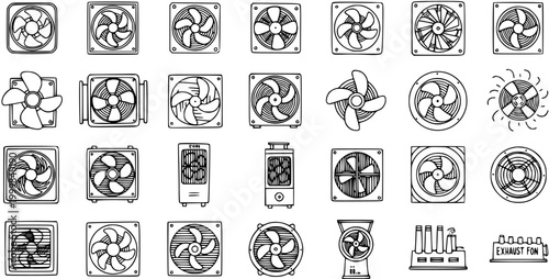 Black and White Line Art Collection of Various Fans for HVAC and Ventilation Systems