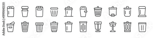 Simple line set of trash icons, modern garbage and waste management outline icons, clean editable vector set suitable for recycling campaigns