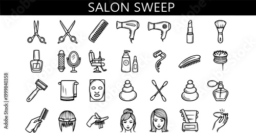 Black and White Line Art Icons of Salon and Beauty Equipment