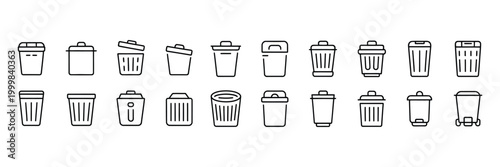 Simple line set of trash icons, waste bin and garbage disposal symbols, minimal outline vector illustration collection for recycling