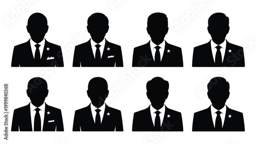 Collection of diverse male presidential silhouette icons in formal business suits with ties and lapel pins representing leadership government and professional authority in a clean