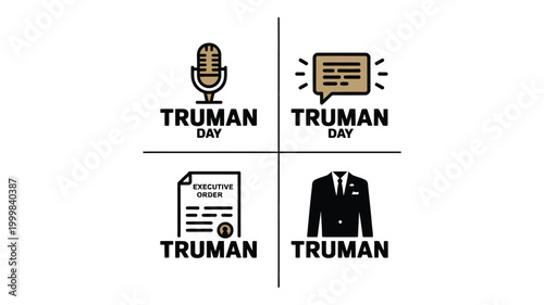 Collection of four minimalist icons representing truman day vintage microphone for speeches speech bubble for communication executive order document and formal suit