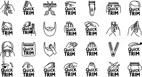 Black and White Line Art Icons of Hair Cutting Tools and Beard Trimming for Barbershop Services