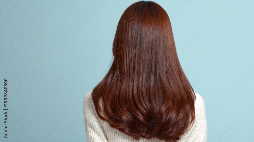 Fototapeta premium Woman with long, rich, and shiny brown hair facing away against light blue background