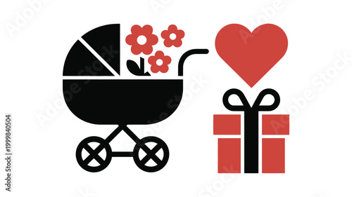 Mother's day symbols including baby carriage with flowers gift and heart on white background