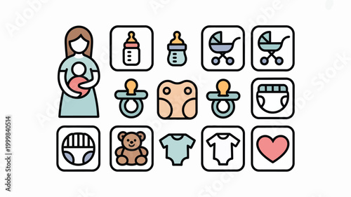 Mother and baby care icons set including pacifiers bottles teddy bear onesie and stroller on white background