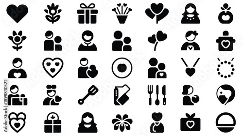 Black and white icon set featuring people hearts gifts food and love symbols on a clean white background for design and branding purposes