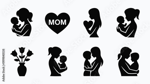 Motherhood silhouettes with heart and flowers symbolizing love and care