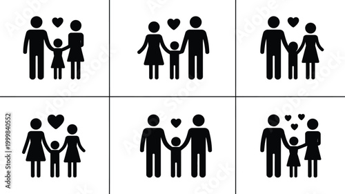 Family love silhouette icons arranged in grid with heart symbols and diverse relationships