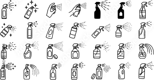 Black and White Line Art Icons of Spray Bottles and Aerosols for Cleaning and Hygiene Products