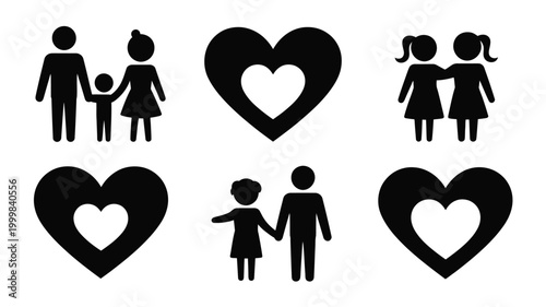 Family love icons with heart silhouettes on white background