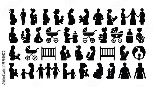 Vector illustration of various parenting and childcare silhouettes on white background