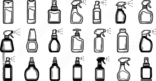 Black and White Line Art Icons of Various Spray Bottles and Dispensers for Cleaning and Personal Care Products