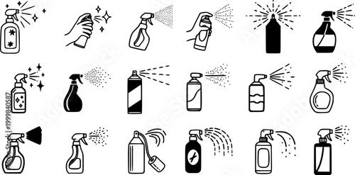 Black  White Line Art Spray Bottles and Sprayers Doodle Icon Set for Cleaning, Household, Hygiene, and Sanitization Products.