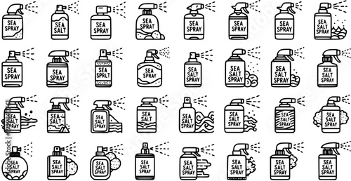 Haircare and Beauty Industry Sea Salt Spray Bottles Black and White Line Art Icons Set. Cosmetic Product for Hair Styling and Texture.